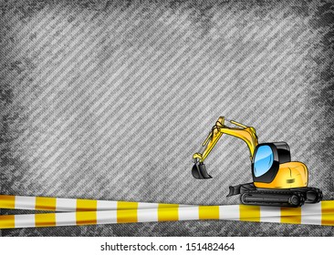 yellow tape and excavator on the grey texture