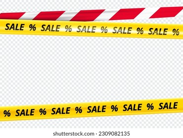 Yellow Tape Line for Sale Banners. Attention Ribbons Design for Discounts Ad, Black Friday Posters and Flyers. Vector Realistic Crossing Tapes Illustration