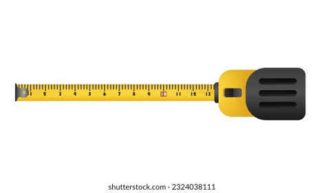 Yellow tape measure. Construction tool with flexible scale ruler for home and industrial repairs with accurate vector distance measurement