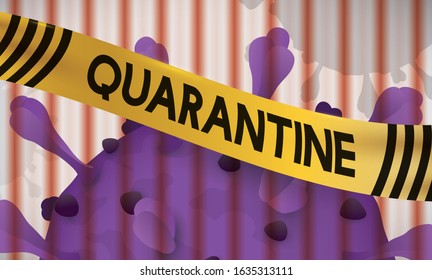 Yellow tape with quarantine message and coronavirus behind red laser bars, depicting the isolation due to this virus.