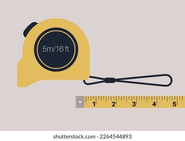 Yellow tape ruler, a carpenter tool, a precision instrument