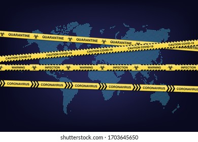 Yellow tapes with Covid-19 warning signs on blue dotted world map. Vector Novel Coronavirus design concept