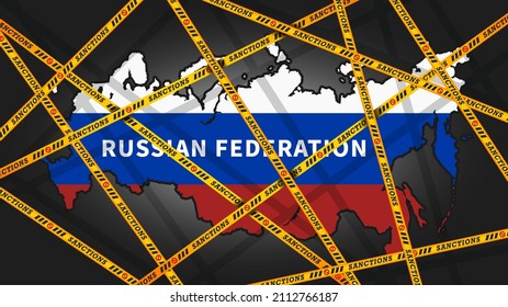 Yellow tapes with the inscription, sanctions, wrapped around the map of the Russian Federation, painted in the colors of the flag. Political poster dedicated to the economic isolation of Russia