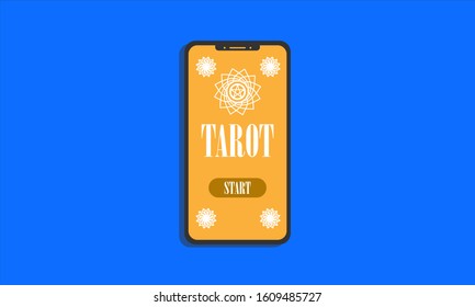 Yellow tarot interface on smartphone on blue background. Mystic concept