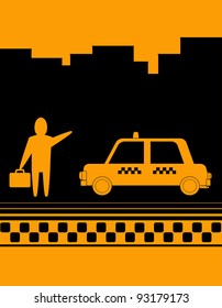 yellow taxi background with man hand up and cab