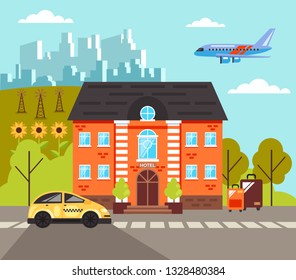 Yellow taxi cab car standing near hotel building. Traveling vacation journey concept. Vector flat cartoon graphic design illustration