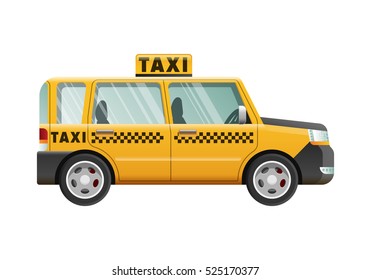 Yellow taxi cab with checker on roof. City transport. Fast mean of transportation. Urban emergency vehicle. Clear glasses. Little black squares on automobile. Taxi in cartoon style. Side view. Vector