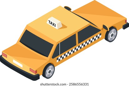 Yellow taxi cab with checkered stripe waiting for passengers, viewed from an isometric perspective, offering convenient urban transportation