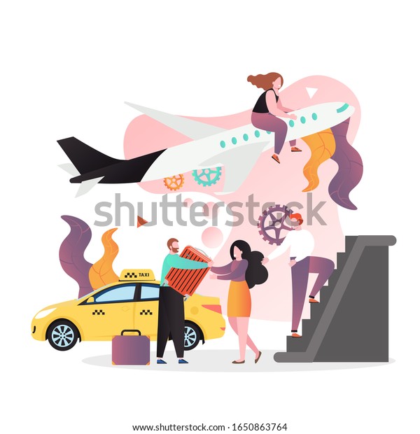 Yellow taxi cab driver\
and passengers young lady with luggage, woman sitting on plane,\
vector illustration. Airport taxi service concept for web banner,\
website page etc.