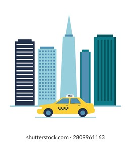 A yellow taxi cab driving in front of a modern city skyline with tall office buildings and skyscrapers. Perfect for transport, urban travel, and city life concepts.