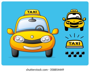 Yellow taxi cab front view and signs on a blue background.