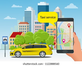 Yellow taxi cab and mobile application in phone with city background. Mobile app for booking service. Flat vector illustration for business, infographic, banner, presentations.