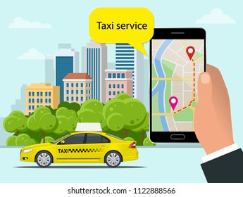 Yellow taxi cab and mobile application in phone with city background. Mobile app for booking service. Flat vector illustration for business, infographic, banner, presentations.