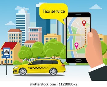 Yellow taxi cab and mobile application in phone with city background. Mobile app for booking service. Flat vector illustration for business, infographic, banner, presentations.