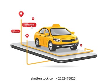 yellow taxi or cab on smartphone is driving to drop off passengers following the yellow GPS and route red pin to their location,vector 3d isolated on white background for advertising about public