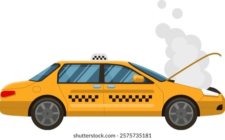 Yellow taxi cab with open hood emitting smoke, experiencing engine trouble and requiring roadside assistance, illustrating transportation problems and vehicle malfunction