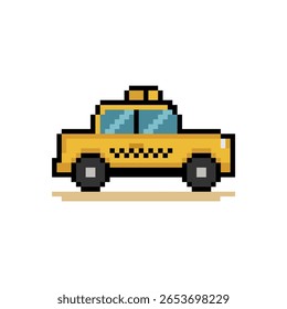 Um táxi amarelo táxi em estilo retro pixelated 8-bit. Ótimo para design urbano, jogos de viagem e pacotes vetoriais com temas de transporte.