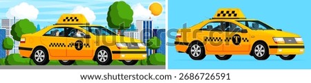 Yellow taxi cab side view with driver and passenger. City landscape with buildings and trees. Urban transportation service.
