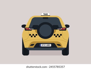 A yellow taxi cab with a spare tire and checkered pattern, a rear view