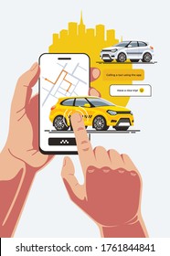 Yellow Taxi Car Arrives At A Order Made Using A Mobile Application On A Smartphone. Cab Moves From The Device Screen To The Desired Point With One Touch.