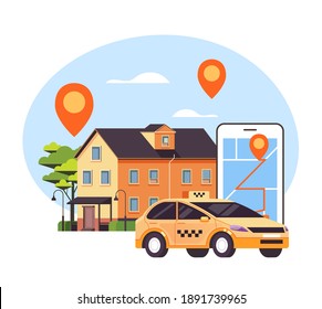 Yellow Taxi Car Cab Standing Near House Door And Waiting. Public City Transportation Taxi Mobile App Phone Map Concept. Vector Flat Graphic Design Illustration