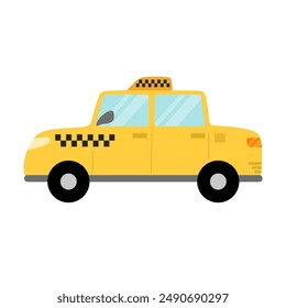 Yellow taxi car in cartoon style for kids. Taxicab transport isolated on white background. Passenger auto vehicle clipart. Vector illustration