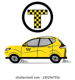 Yellow Taxi. Car. Taxi checkered sign. Icon. Stock Vector Illustration. Transparent. White Isolated.