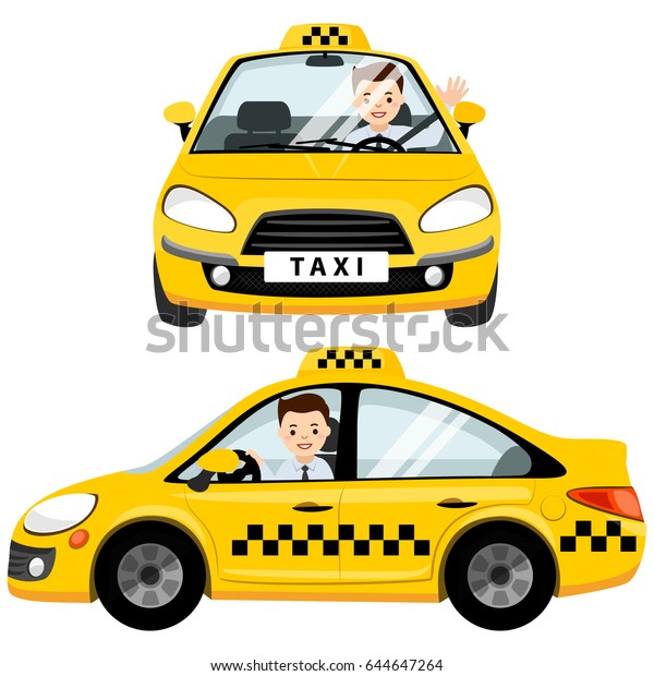 Yellow taxi car and taxi driver. He is\
fastened with a seat belt in the cabin. Vector flat illustration\
isolated on white\
background\
