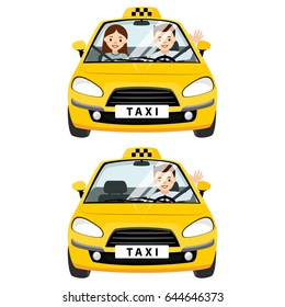 Yellow taxi car and taxi driver with passenger.They are fastened with a seat belt in the cabin. Vector flat illustration isolated on white background
