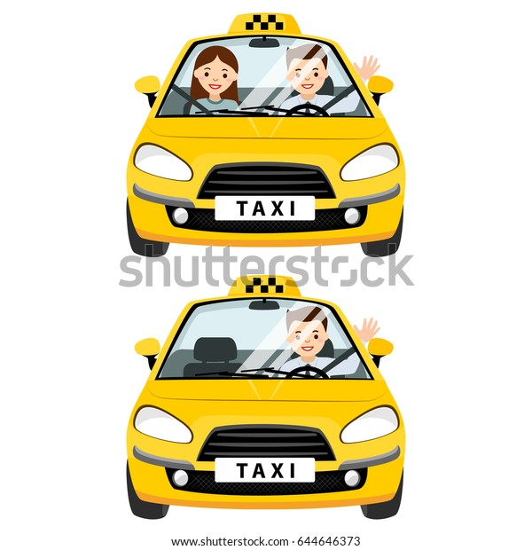 Yellow taxi car and taxi driver with\
passenger.They are fastened with a seat belt in the cabin. Vector\
flat illustration isolated on white\
background