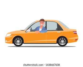 Yellow taxi car and taxi driver vector