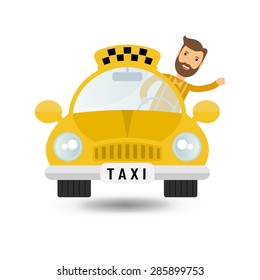 yellow taxi car and taxi driver - vector icon