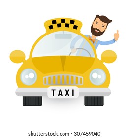 yellow taxi car with a driver - vector icon