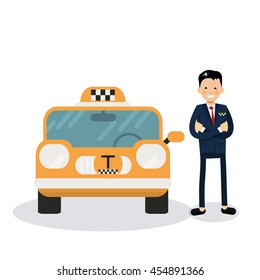 yellow taxi car and taxi driver - vector icon. Cute male vector character - taxi driver