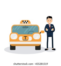 yellow taxi car and taxi driver - vector icon. Cute male vector character - taxi driver