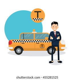 yellow taxi car and taxi driver - vector icon. Cute male vector character - taxi driver