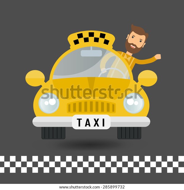 yellow taxi car\
and taxi driver - vector\
icon