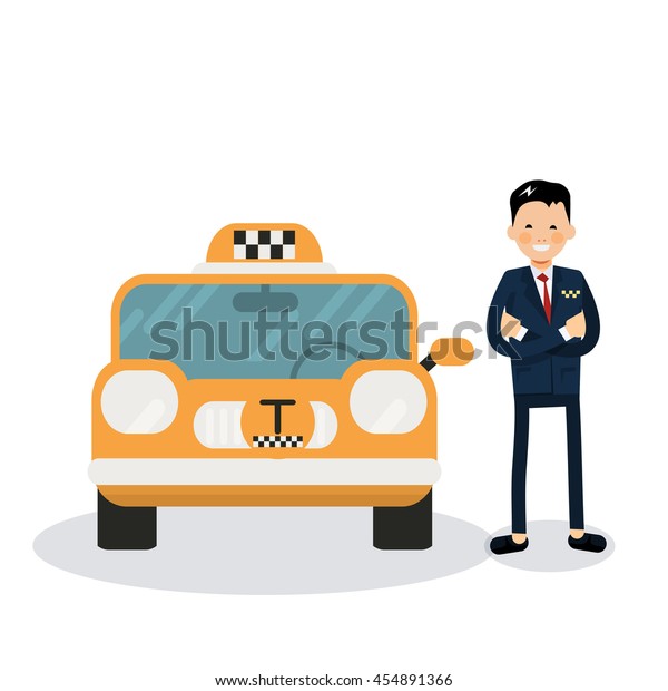 yellow taxi car and taxi driver - vector\
icon. Cute male vector character - taxi\
driver