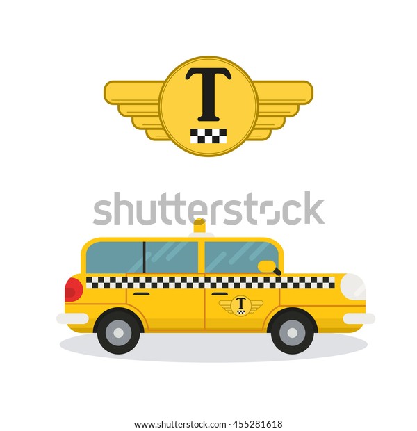 yellow taxi car in flat style and logo of a taxi\
company tamplate - vector\
icon