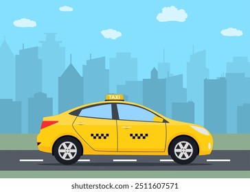 Yellow taxi car in front of city silhouette and sky with clouds, taxi icon, call taxi concept, vector illustration in simple flat design