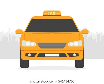 Yellow taxi car in front of city silhouette, vector illustration in simple flat design.