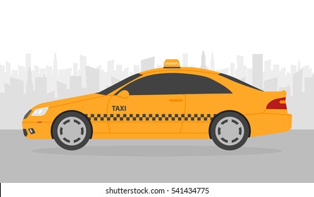 Yellow taxi car in front of city silhouette, vector illustration in simple flat design.