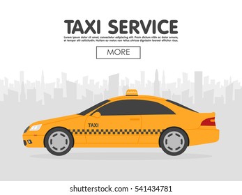 Yellow taxi car in front of city silhouette, vector illustration in simple flat design.