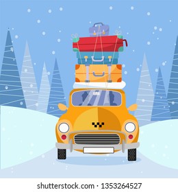 Yellow taxi car front view. Taxi with a stack of luggage and suitcases on the roof top driving through winter snowy forest. Long ride in the suburbs. Cute old car. Vector flat cartoon illustration