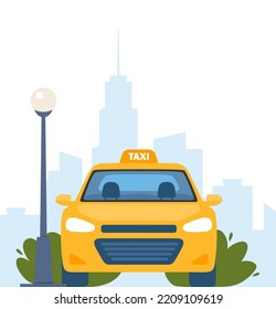 Yellow Taxi Car, front view, on city landscape background. Vector illustration for web application get taxi