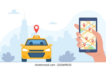 Yellow Taxi Car, Front View, On City Landscape Background. Taxi Mobile Ordering Service App Concept. Hand Holding Smartphone With Geotag Gps Location Pin On City Map. Vector Illustration