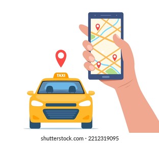 Auto de taxi amarillo, vista frontal. Concepto de aplicación de servicio de pedidos móviles de taxi. Mano sosteniendo un smartphone con geotag gps localizador en el mapa de la ciudad. Ilustración del vector