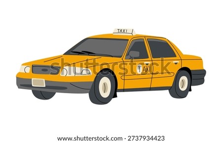 Yellow taxi car, half-side view, highlighted on a white background. Flat vector illustration of city taxi vehicle for passenger transportation, city travel blog, transfer app, or car design projects