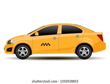 Yellow Taxi Car Illustration. Modern Vehicle. Commercial Transportation Urban Automobile Silhouette. Classic Public Cab with Logo isolated on White Background. Flat Graphic Sedan.