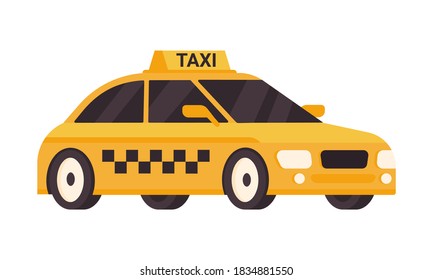 Yellow taxi car, isolated on white background. Serving cabs for residents. Modern colorful automobile. Concept, transportation people. Cartoon flat design. Vector illustration.